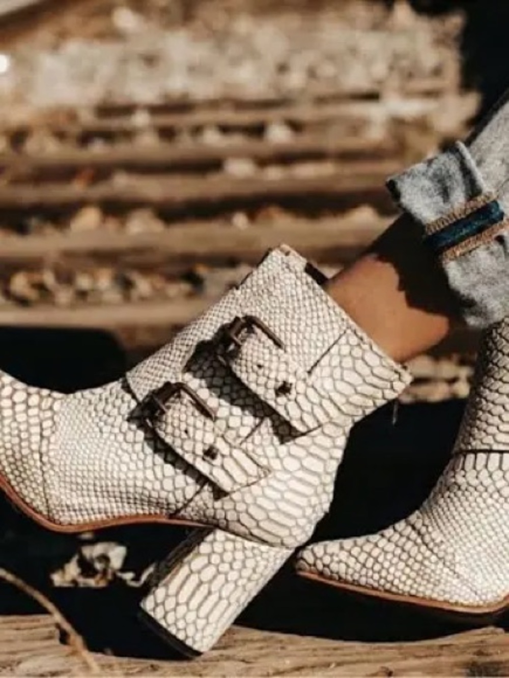 Joey White Snake-Print Buckle Ankle Boots